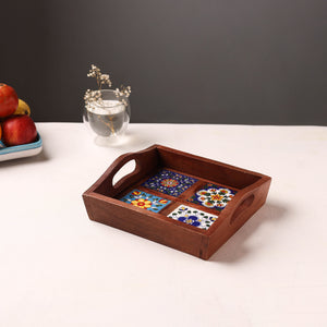 Brown - Handcrafted Blue Pottery Wooden Serving Tray (9 x 8 in) 12