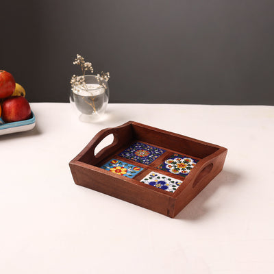 Brown - Handcrafted Blue Pottery Wooden Serving Tray (9 x 8 in) 12