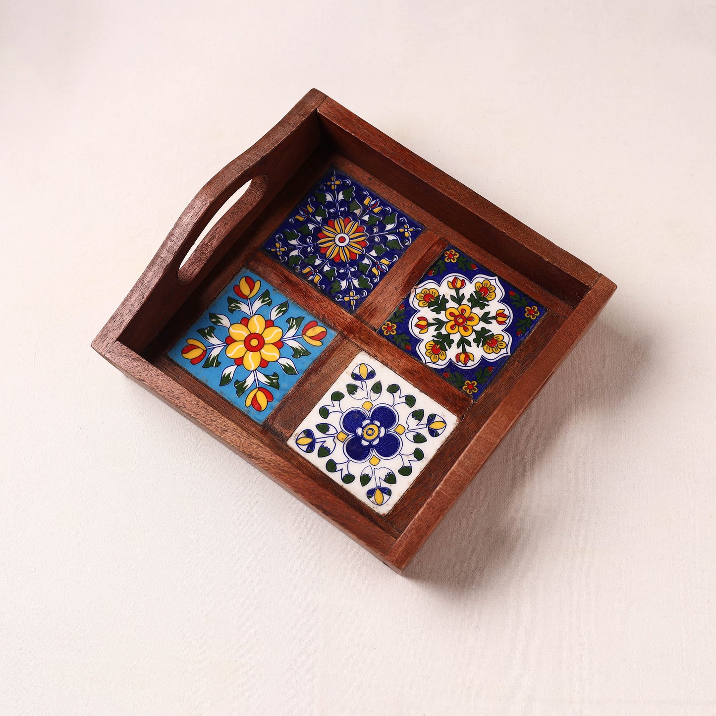 Brown - Handcrafted Blue Pottery Wooden Serving Tray (9 x 8 in) 12