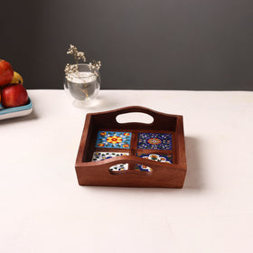Brown - Handcrafted Blue Pottery Wooden Serving Tray (9 x 8 in) 12