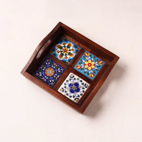 Brown - Handcrafted Blue Pottery Wooden Serving Tray (9 x 8 in) 13