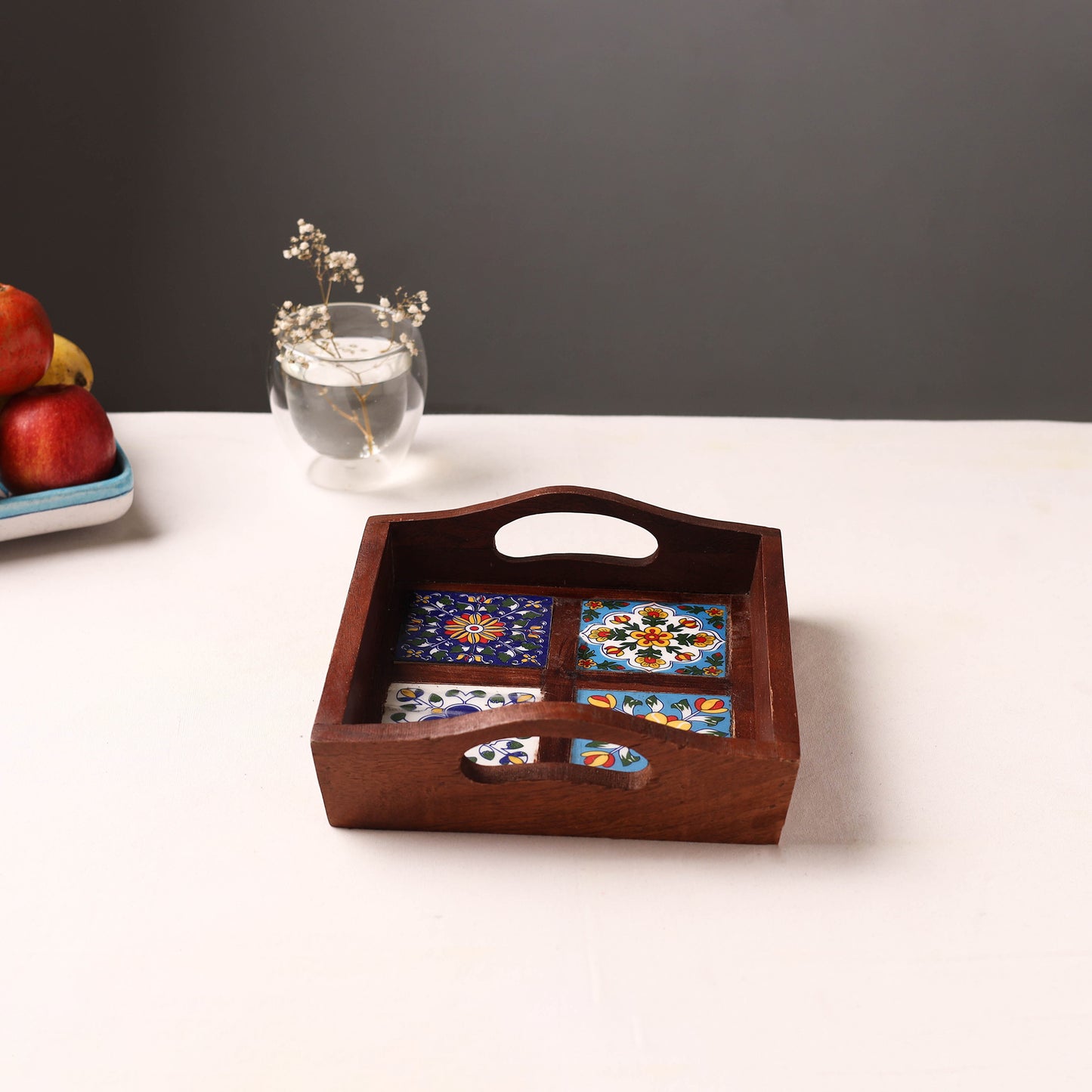Brown - Handcrafted Blue Pottery Wooden Serving Tray (9 x 8 in) 13