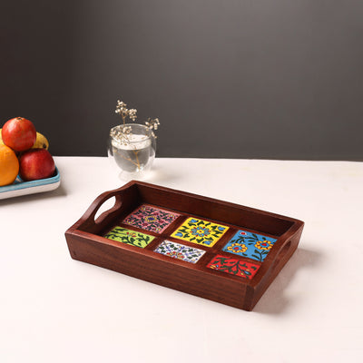Brown - Handcrafted Blue Pottery Wooden Serving Tray (12 x 8 in) 14