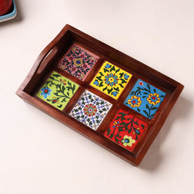 Brown - Handcrafted Blue Pottery Wooden Serving Tray (12 x 8 in) 14