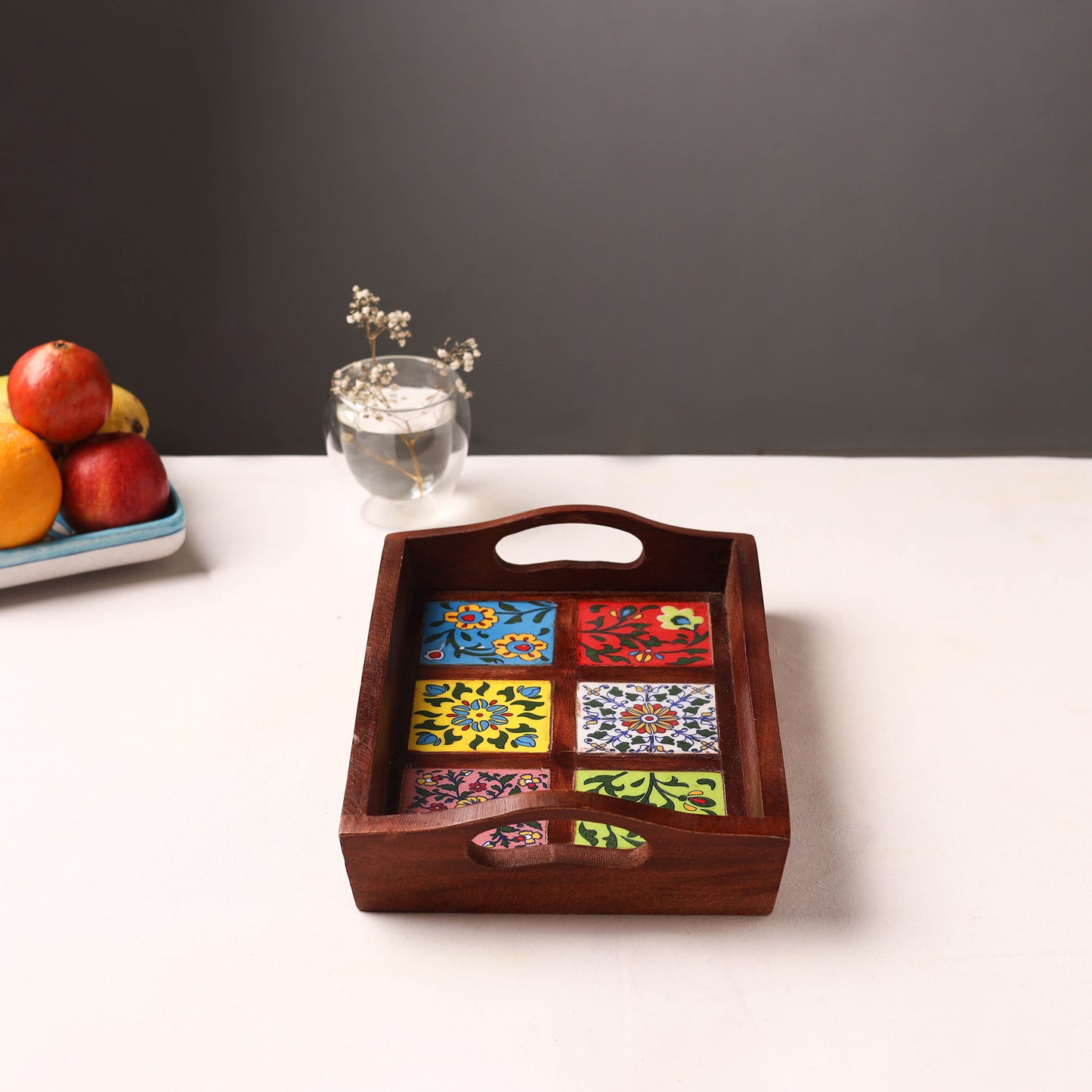 Brown - Handcrafted Blue Pottery Wooden Serving Tray (12 x 8 in) 14