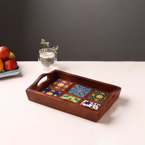 Brown - Handcrafted Blue Pottery Wooden Serving Tray (12 x 8 in) 15
