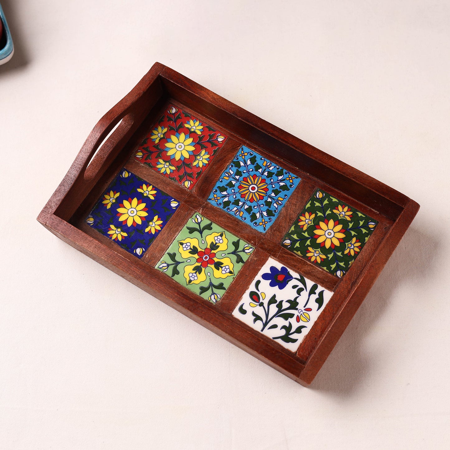 Brown - Handcrafted Blue Pottery Wooden Serving Tray (12 x 8 in) 15