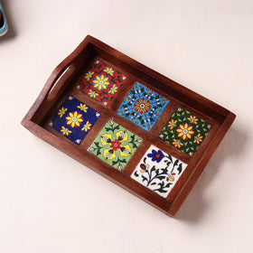 Brown - Handcrafted Blue Pottery Wooden Serving Tray (12 x 8 in) 15