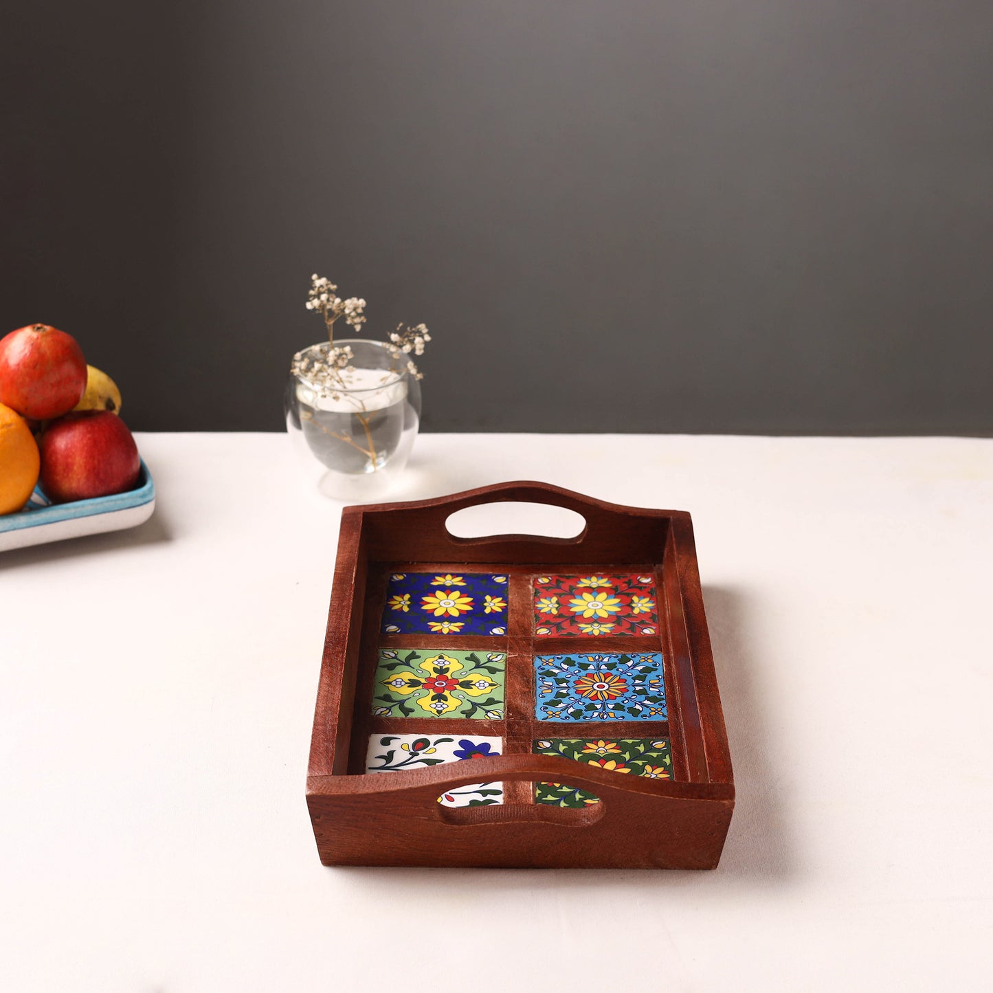 Brown - Handcrafted Blue Pottery Wooden Serving Tray (12 x 8 in) 15