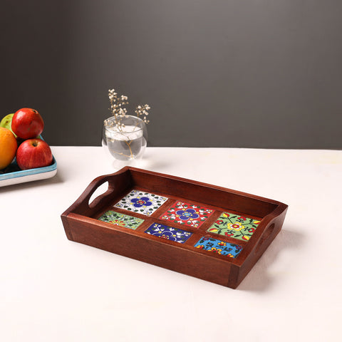 Brown - Handcrafted Blue Pottery Wooden Serving Tray (12 x 8 in) 16