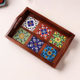 Brown - Handcrafted Blue Pottery Wooden Serving Tray (12 x 8 in) 16
