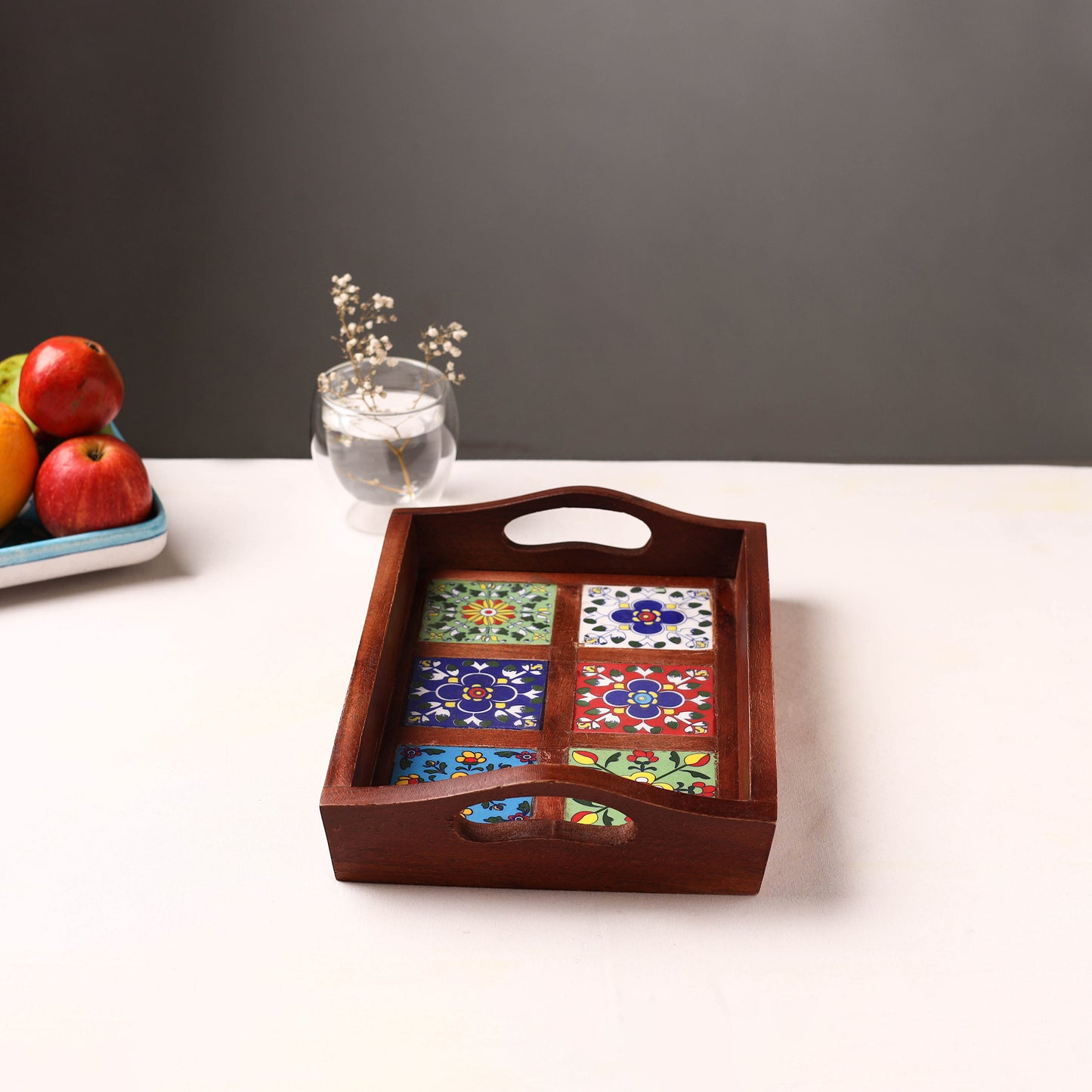 Brown - Handcrafted Blue Pottery Wooden Serving Tray (12 x 8 in) 16