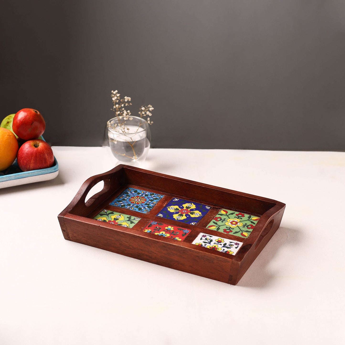 Brown - Handcrafted Blue Pottery Wooden Serving Tray (12 x 8 in) 17