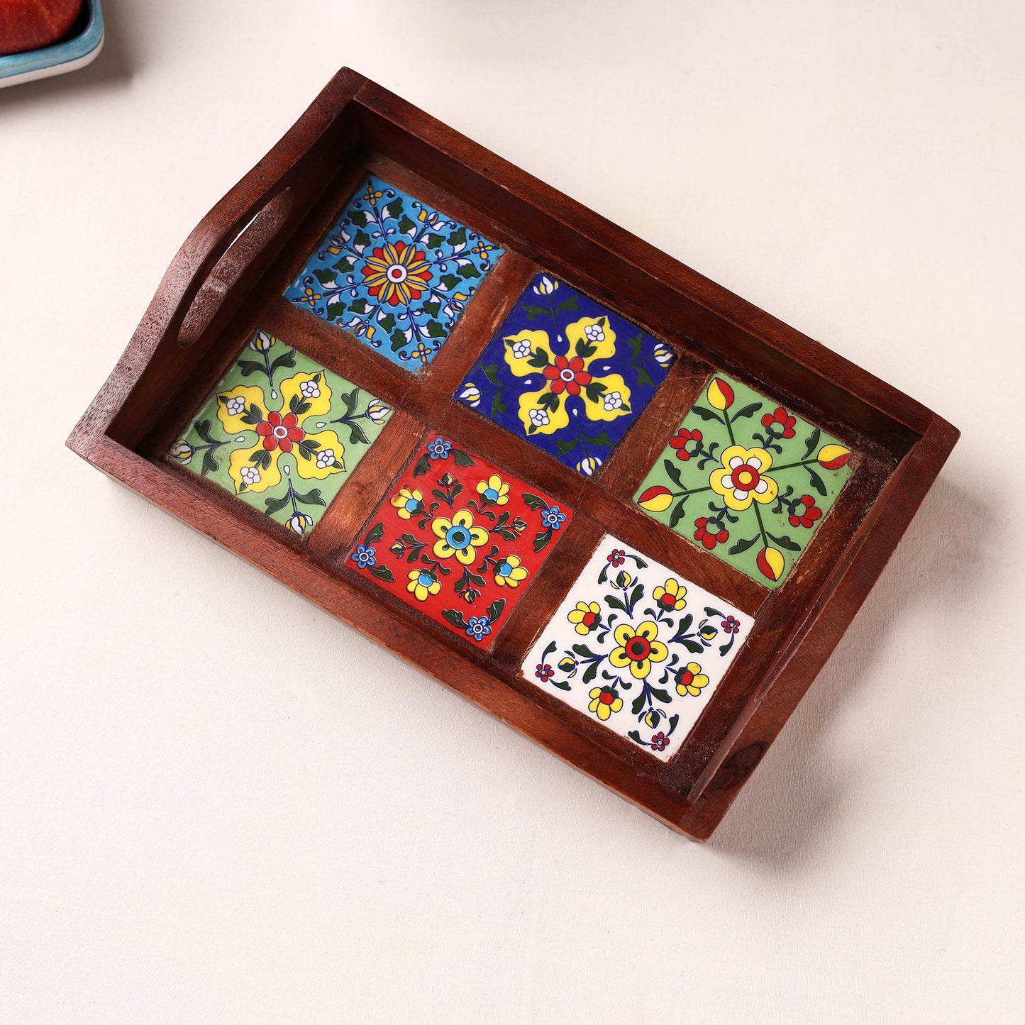 Brown - Handcrafted Blue Pottery Wooden Serving Tray (12 x 8 in) 17