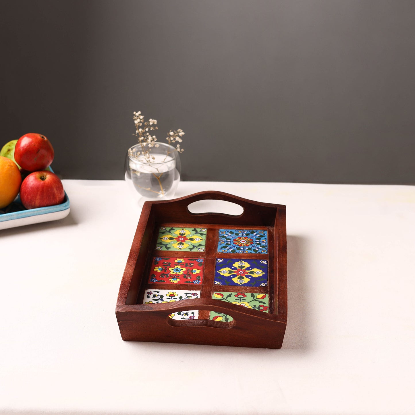 Brown - Handcrafted Blue Pottery Wooden Serving Tray (12 x 8 in) 17