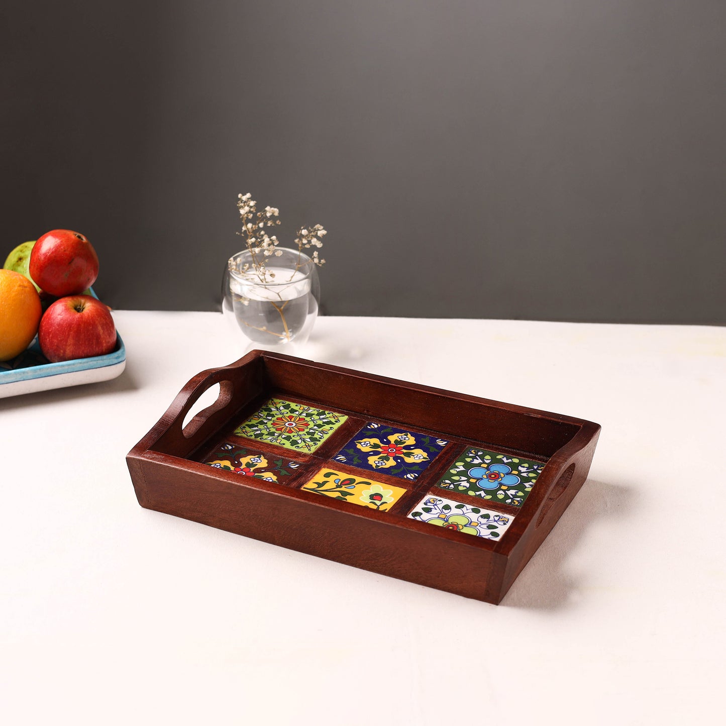 Brown - Handcrafted Blue Pottery Wooden Serving Tray (12 x 8 in) 18