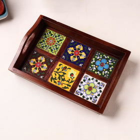 Brown - Handcrafted Blue Pottery Wooden Serving Tray (12 x 8 in) 18