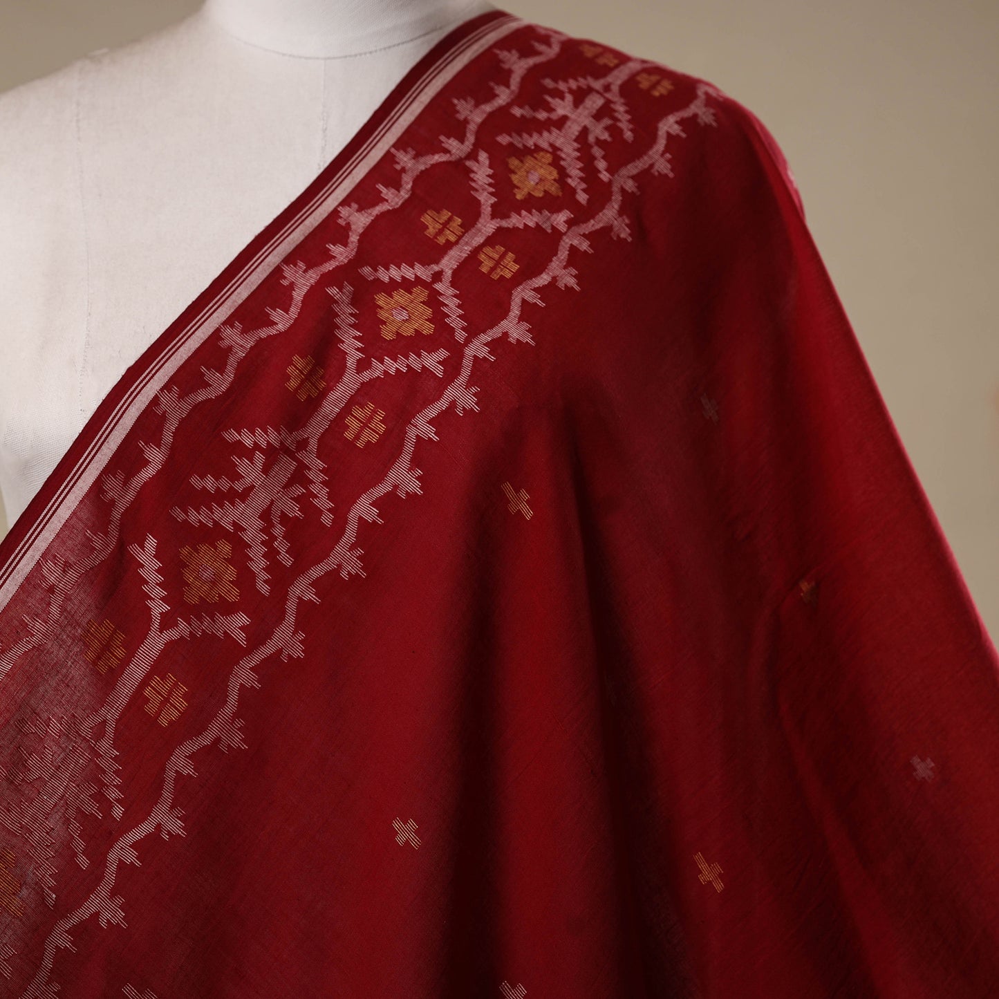 Red - Handloom Cotton Phulia Jamdani Fabric 09