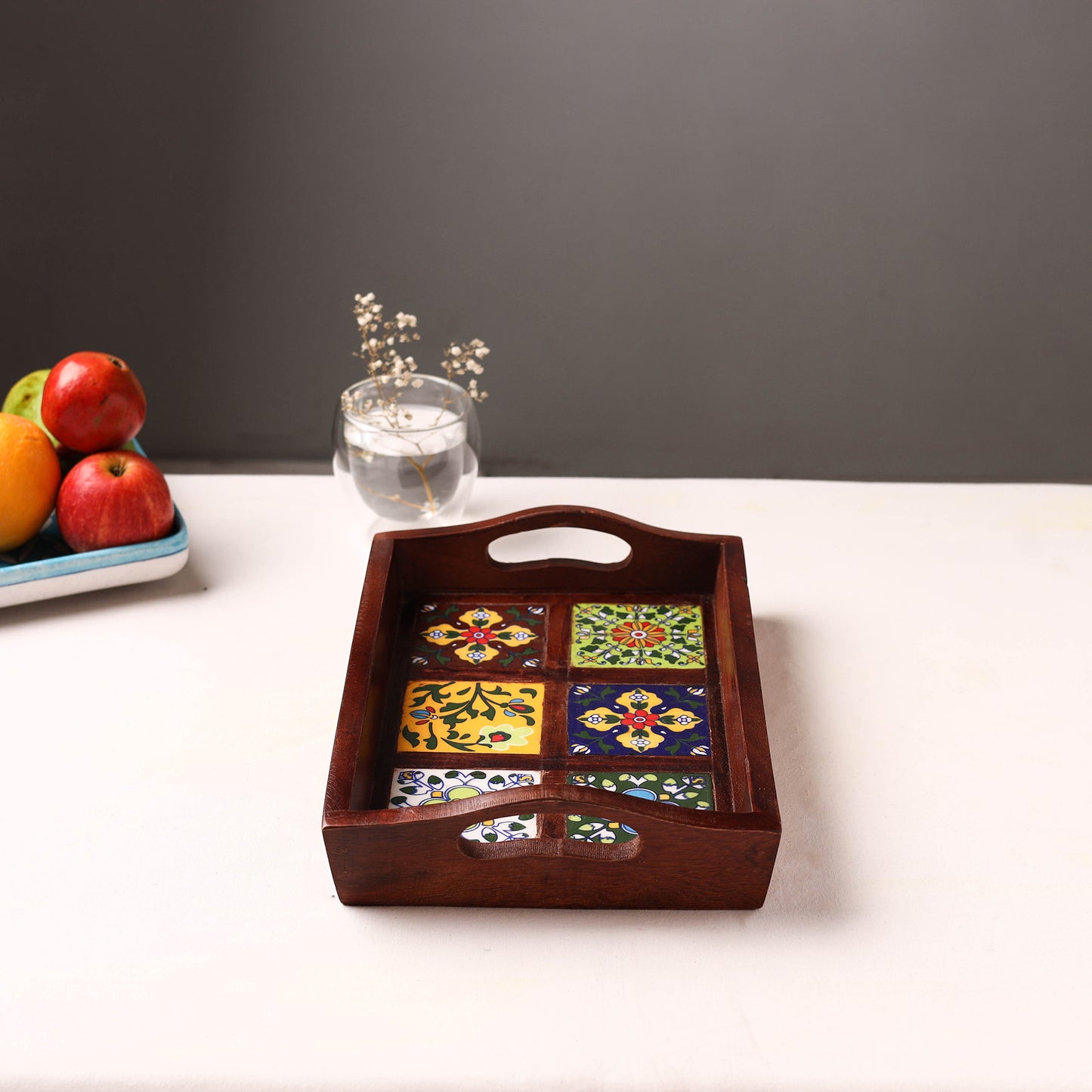 Brown - Handcrafted Blue Pottery Wooden Serving Tray (12 x 8 in) 18