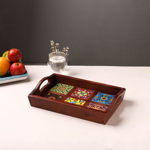 Brown - Handcrafted Blue Pottery Wooden Serving Tray (12 x 8 in) 19