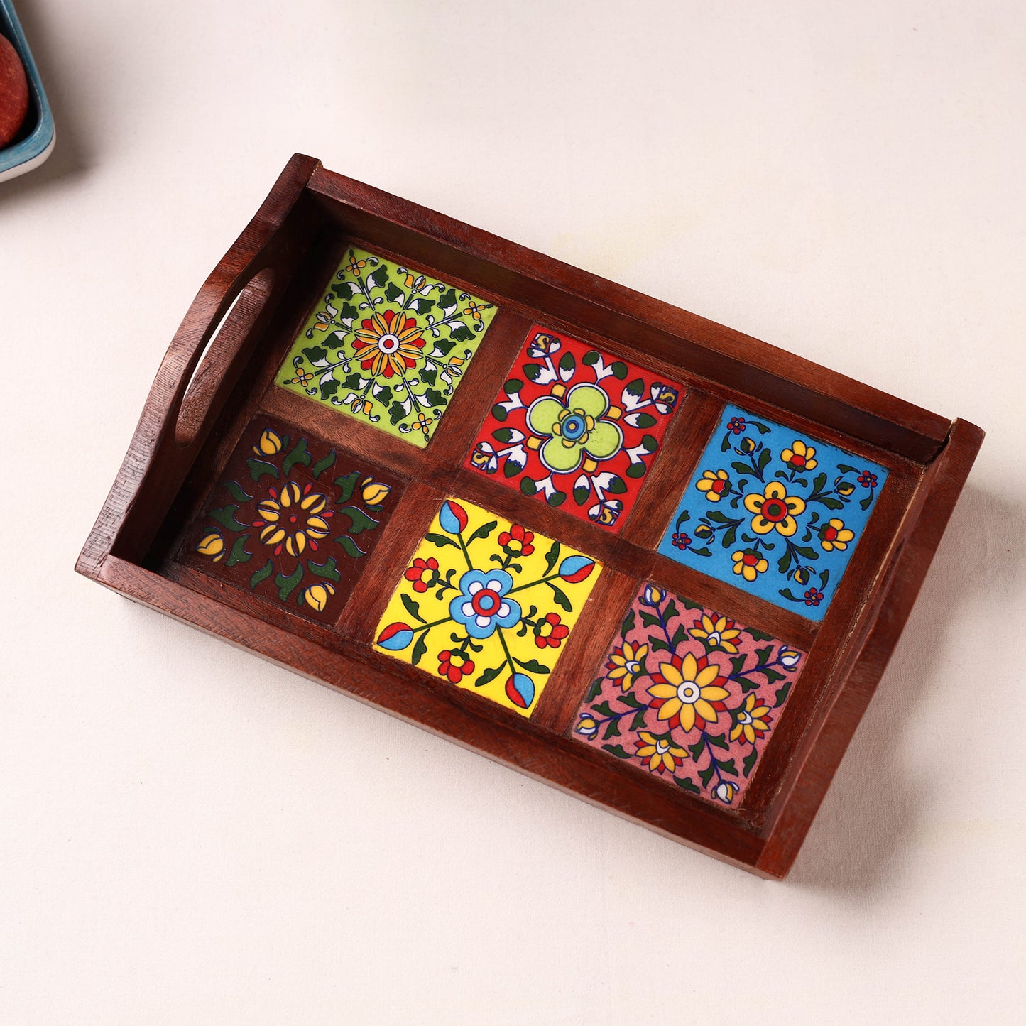 Brown - Handcrafted Blue Pottery Wooden Serving Tray (12 x 8 in) 19