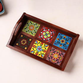 Brown - Handcrafted Blue Pottery Wooden Serving Tray (12 x 8 in) 19