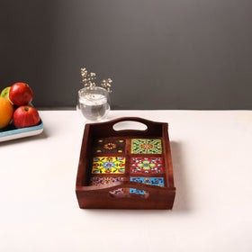 Brown - Handcrafted Blue Pottery Wooden Serving Tray (12 x 8 in) 19