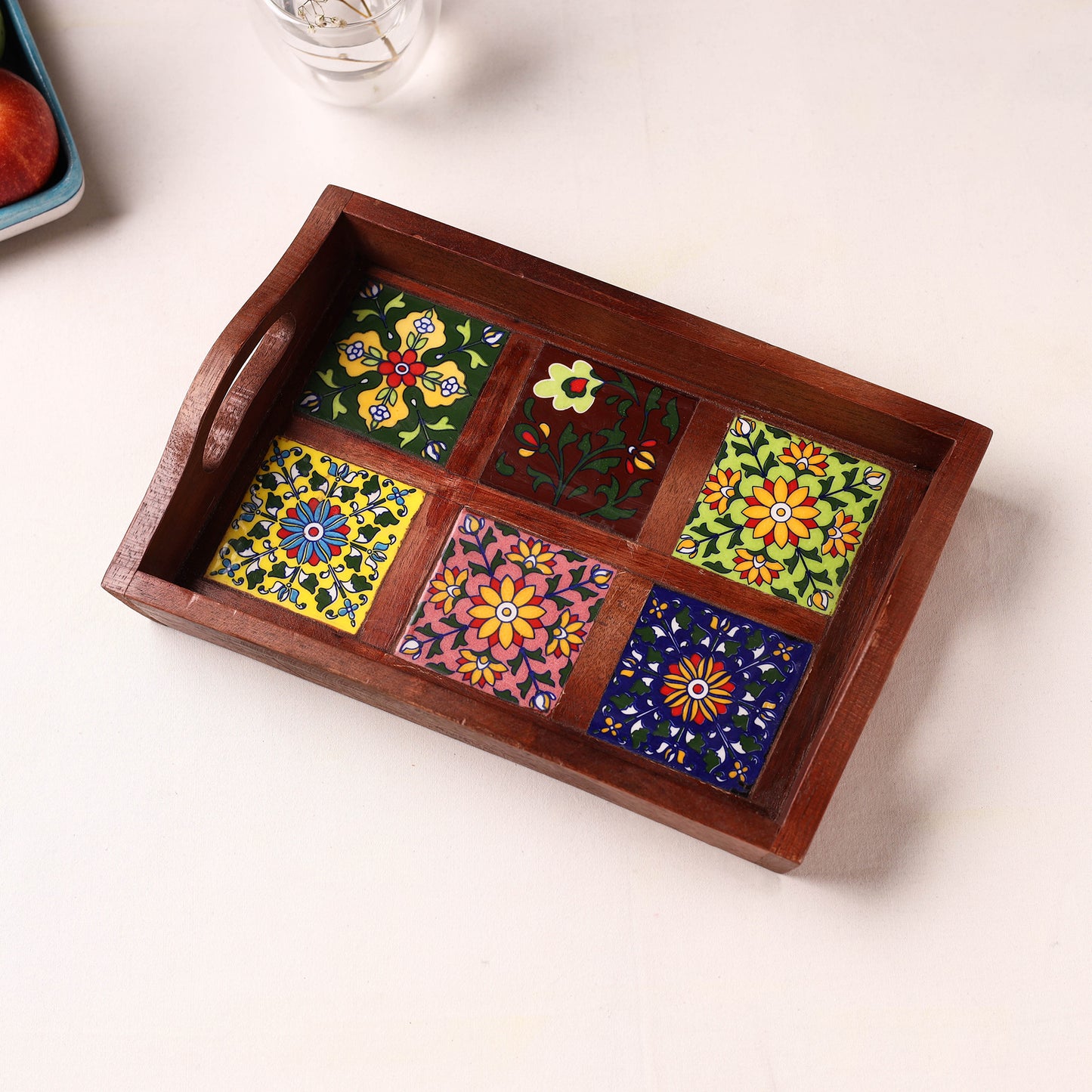 Brown - Handcrafted Blue Pottery Wooden Serving Tray (12 x 8 in) 20