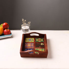 Brown - Handcrafted Blue Pottery Wooden Serving Tray (12 x 8 in) 20