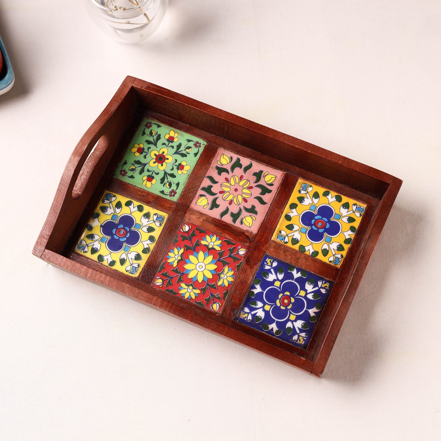 Handcrafted Blue Pottery Wooden Serving Tray (12 x 8 in) 21