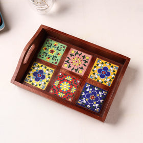 Handcrafted Blue Pottery Wooden Serving Tray (12 x 8 in) 21