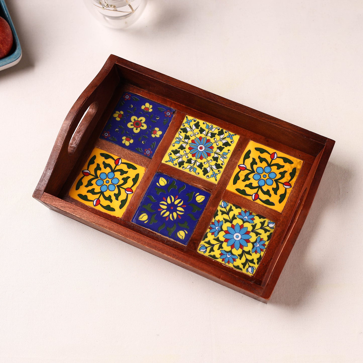 Handcrafted Blue Pottery Wooden Serving Tray (12 x 8 in) 22