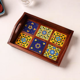 Handcrafted Blue Pottery Wooden Serving Tray (12 x 8 in) 22