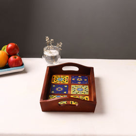 Handcrafted Blue Pottery Wooden Serving Tray (12 x 8 in) 22