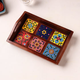 Handcrafted Blue Pottery Wooden Serving Tray (12 x 8 in) 23