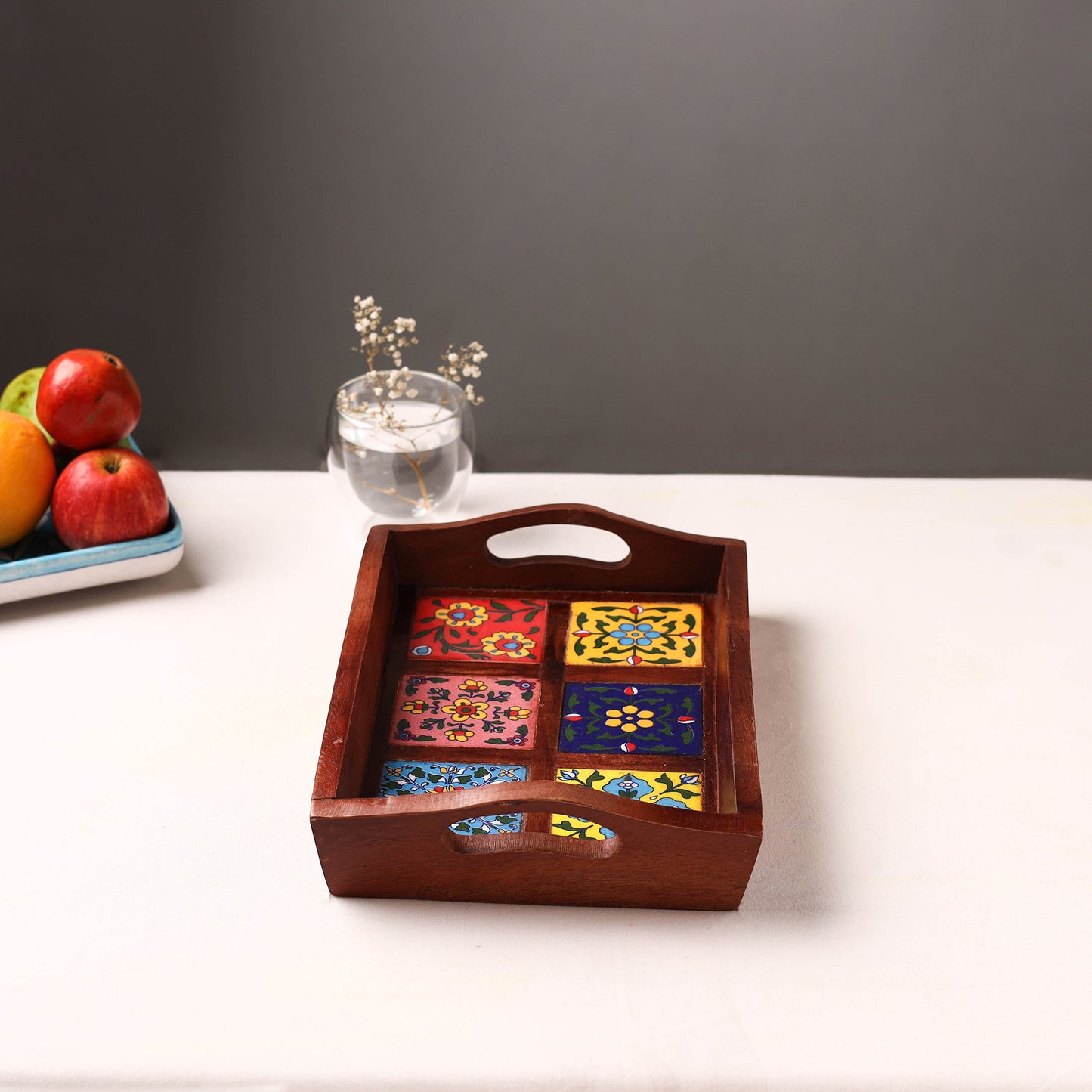 Handcrafted Blue Pottery Wooden Serving Tray (12 x 8 in) 23