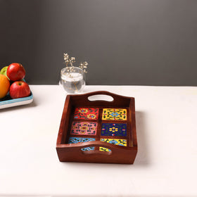 Handcrafted Blue Pottery Wooden Serving Tray (12 x 8 in) 23