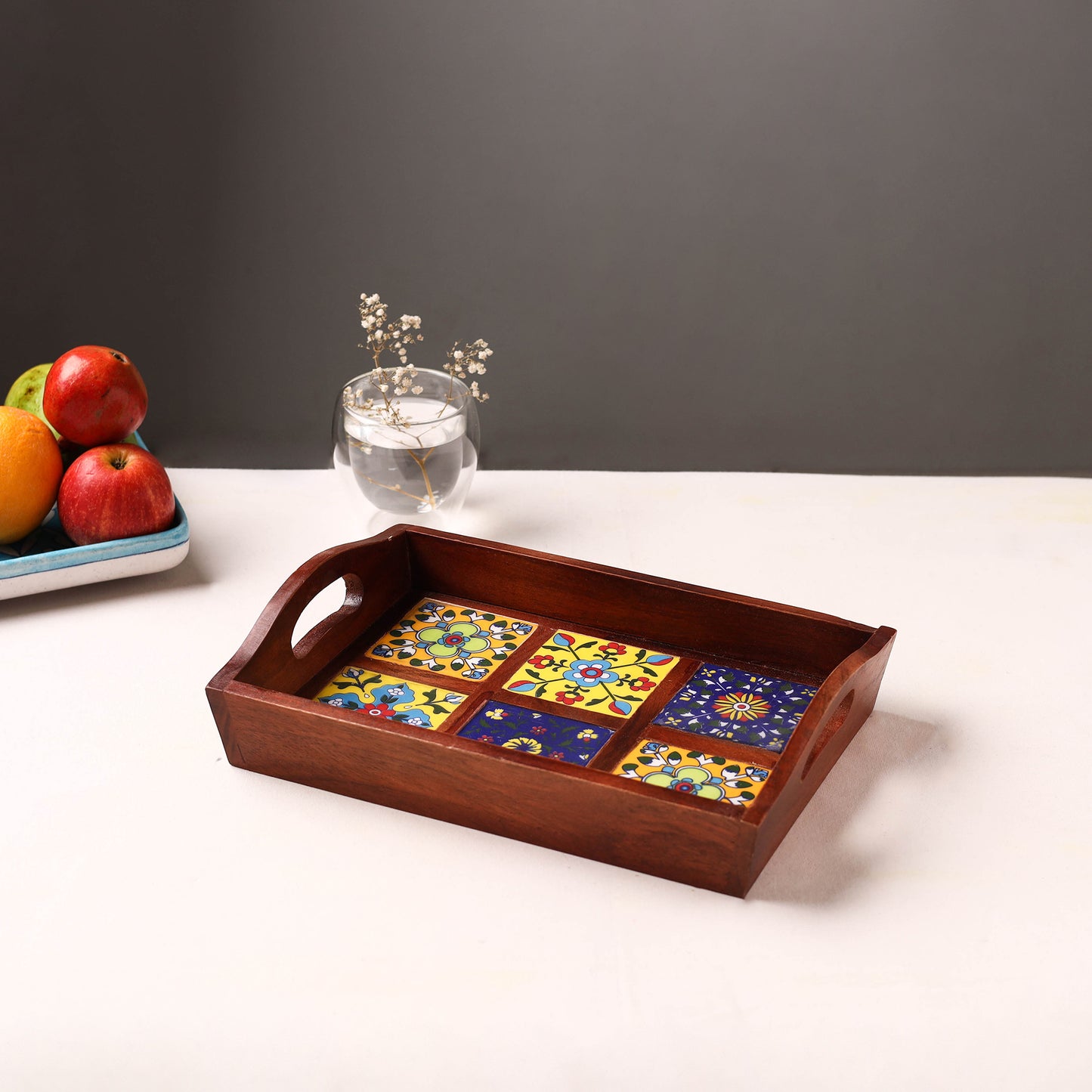 Handcrafted Blue Pottery Wooden Serving Tray (12 x 8 in) 24
