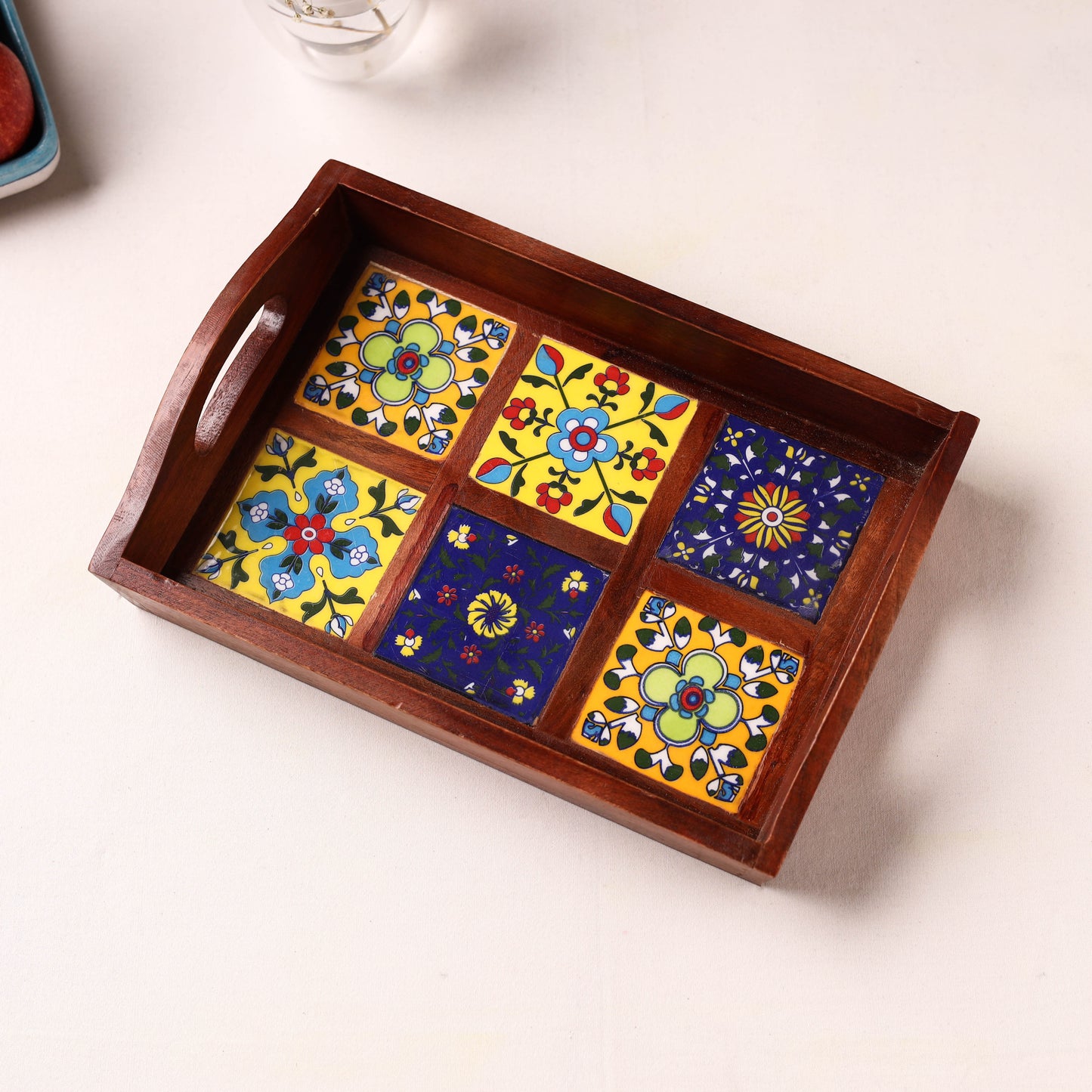 Handcrafted Blue Pottery Wooden Serving Tray (12 x 8 in) 24