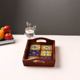 Handcrafted Blue Pottery Wooden Serving Tray (12 x 8 in) 24