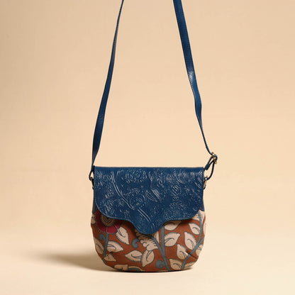 Blue - Handcrafted Kalamkari Printed Sling Bag with Embossed Leather Flap
