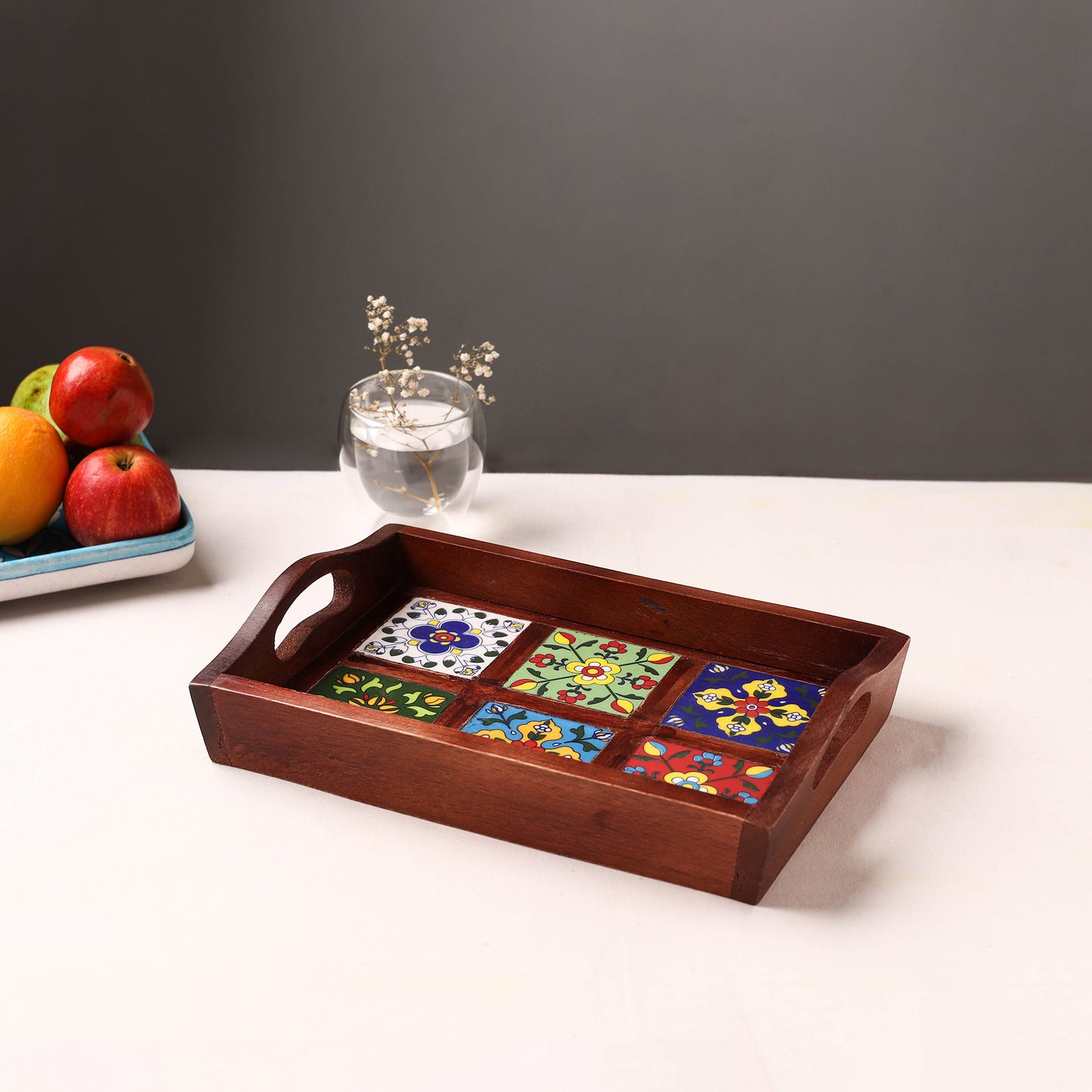 Handcrafted Blue Pottery Wooden Serving Tray (12 x 8 in) 25