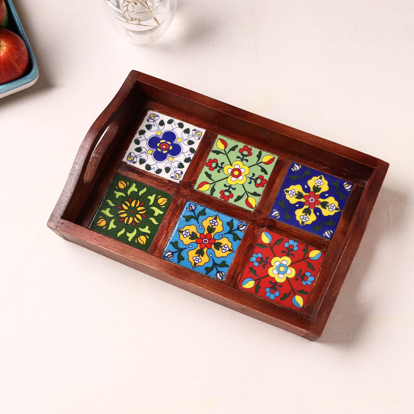 Handcrafted Blue Pottery Wooden Serving Tray (12 x 8 in) 25