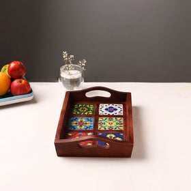 Handcrafted Blue Pottery Wooden Serving Tray (12 x 8 in) 25