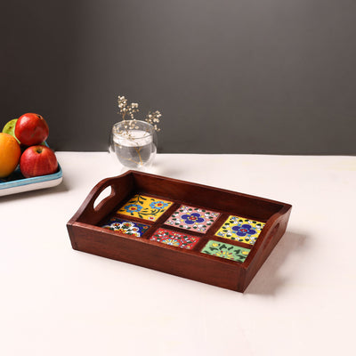 Handcrafted Blue Pottery Wooden Serving Tray (12 x 8 in) 26