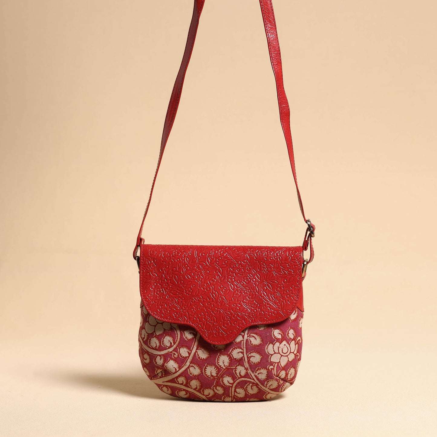 Red - Handcrafted Kalamkari Printed Sling Bag with Embossed Leather Flap
