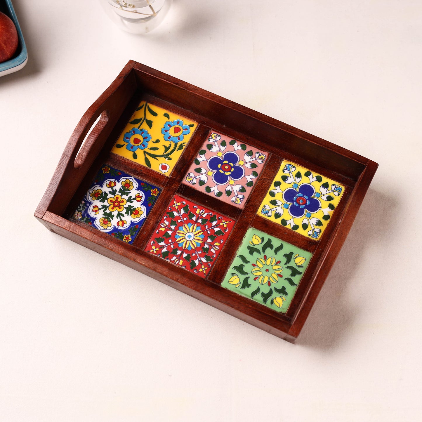 Handcrafted Blue Pottery Wooden Serving Tray (12 x 8 in) 26