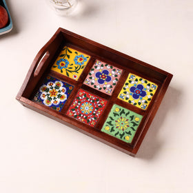Handcrafted Blue Pottery Wooden Serving Tray (12 x 8 in) 26