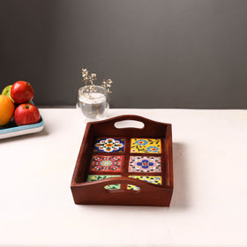 Handcrafted Blue Pottery Wooden Serving Tray (12 x 8 in) 26