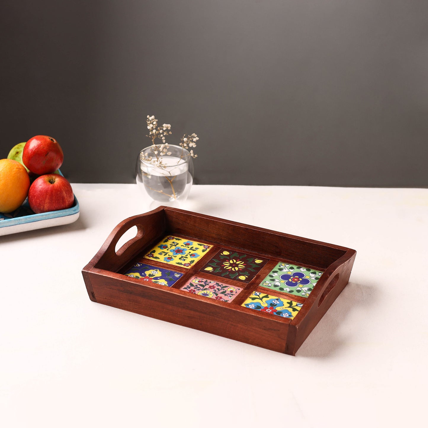 Handcrafted Blue Pottery Wooden Serving Tray (12 x 8 in) 27